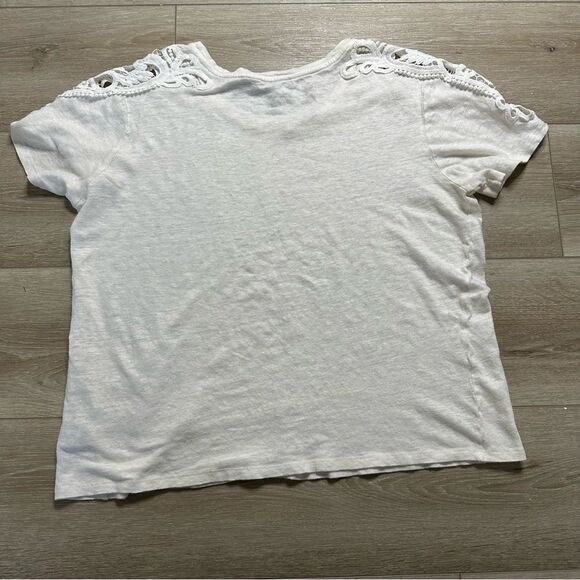 Paige White Linen Blend Short Sleeve Scoop‎ Neck Shirt Crotchet Lace Shoulders - Picture 5 of 8